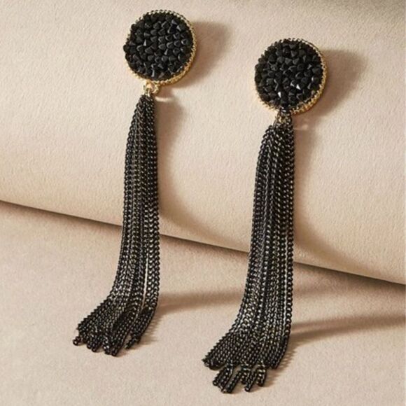 💎63💎 Modern Black Druzy with Long Black Chain Tassel Stud Earrings … - Picture 10 of 16